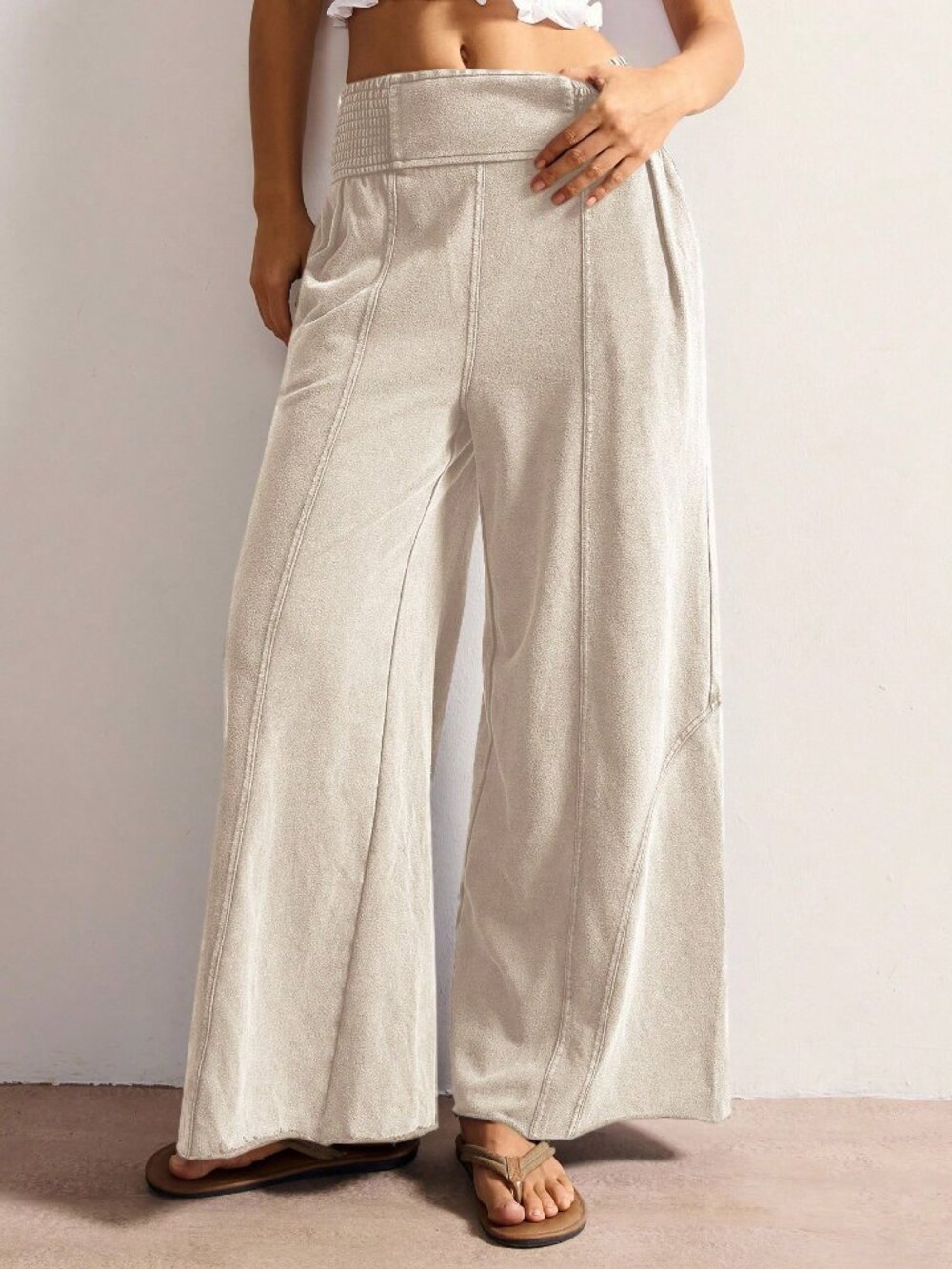 Khaki Casual Women's Knit Loose Wide-Leg Washed Smocked Waist Pants with Pockets - Picture 6 of 7